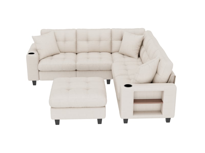  Canapé modulable 5 pl 216,5x216,5x83cm, angle avec repose-pieds, rangement, chenille beige.  - Conforama R