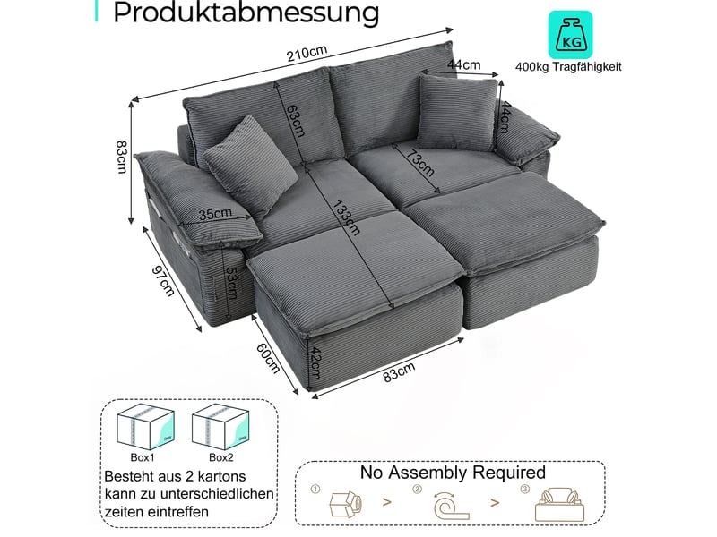  Canapé de sol 2 places modulable gris clair avec repose-pieds et poches de rangement, sans montage  - Conforama E