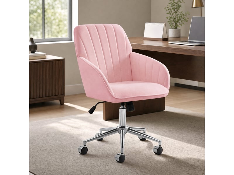  Chaise de bureau pivotante 360° à hauteur réglable - lpospi - dossier ergonomique, assise épaisse, velours rose  - Conforama B