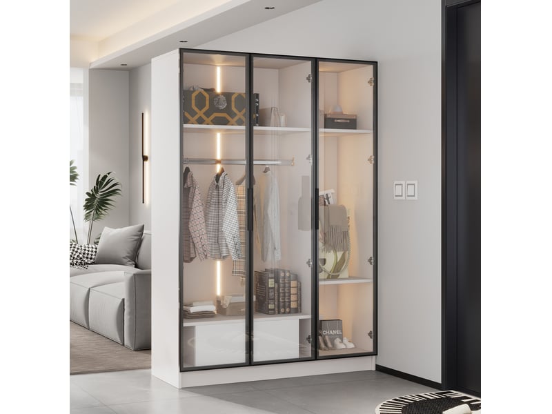  Armoire 110x50x160 cm 3 portes vitrées led panneau de particules blanc  - Conforama B
