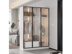 Armoire 110x50x160 cm 3 portes vitrées led panneau de particules blanc