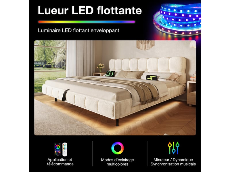 Lit double capitonné 140x200 cm en tissu chenille beige, coffre hydraulique, éclairage led, ports usb et type-c, sommier à lattes inclus, sans matelas Luxe haut de gamme - Conforama E