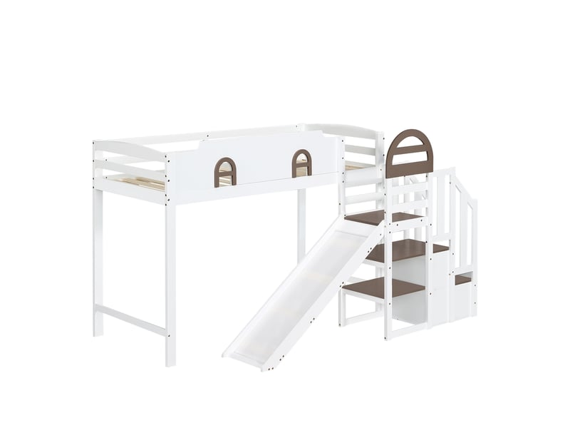  Lit mezzanine 90x200cm avec tiroirs, étagères de rangement, toboggan et sommier, lit 1 place, pin+mdf, blanc+marron  - Conforama C