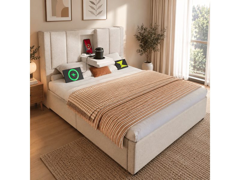 Lit coffre rembourré 90 x 200 cm, rangement hydraulique, porte-gobelet caché, station de recharge, sommier à lattes, revêtement en lin, beige Bliss Lite - Conforama E