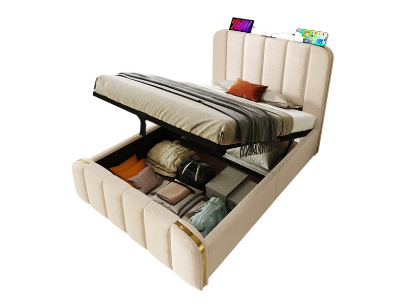  Lit coffre 1 place, 90x200 cm, avec rangement, usb type c, tête de lit rembourrée, matelas inclus, lin, coloris beige  - Conforama A