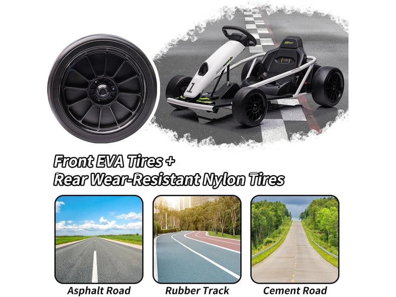  Kart électrique pour enfant 24 v, mode dérive, 2x300 w, siège réglable, mp3, 70 kg – blanc PTO_0YXZATD8 - Conforama D