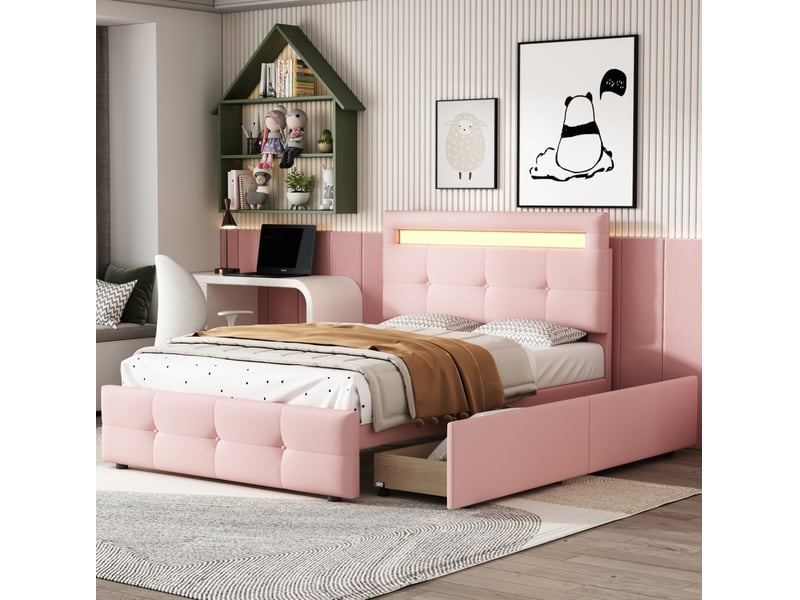  Modenvie lit 1 place 90x200 cm - led intégrée, 2 tiroirs, sommier inclus, sans matelas - rose  - Conforama E