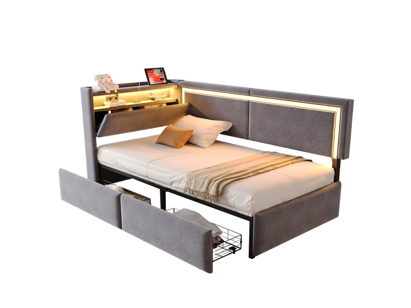  Lit d'appoint 90x200 cm, éclairage led, ports usb, rangement tête de lit et tiroirs, velours gris foncé  - Conforama A
