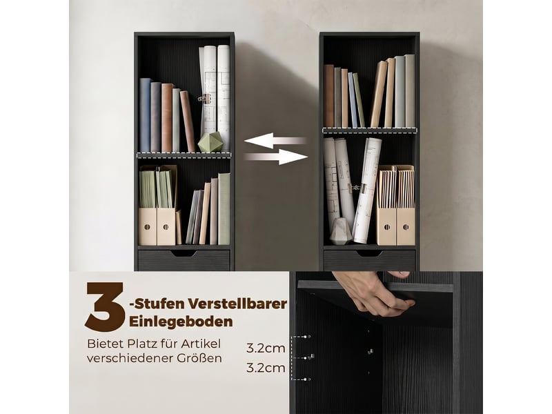  Bibliothèque à 6 étagères avec tiroir et étagère réglable, meuble de rangement autoportant, 30 x 24 x 158 cm, noir  - Conforama E