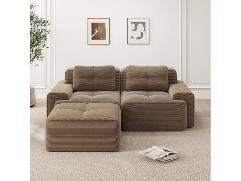  Canapé modulable ulevr 2 places avec ottomane, assise profonde 74 cm, velours côtelé marron, 204 x 177 cm  - Conforama D