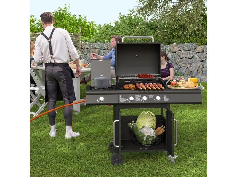  Barbecue à gaz mobile avec espace de rangement, tablette latérale, brûleur latéral, grille de maintien au chaud, thermomètre, acier inoxydable, noir  - Conforama D
