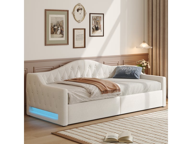 Lit rembourré 90x200 cm beige, coffre de rangement sous le lit et bandeau led intégré pour chambre.  - Conforama C