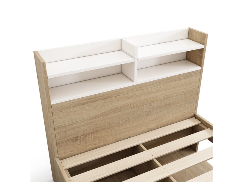  Lit enfant 90x190 cm, avec rangements tiroirs et niches, panneaux de particules et bois, chêne et blanc, sans matelas  - Conforama E