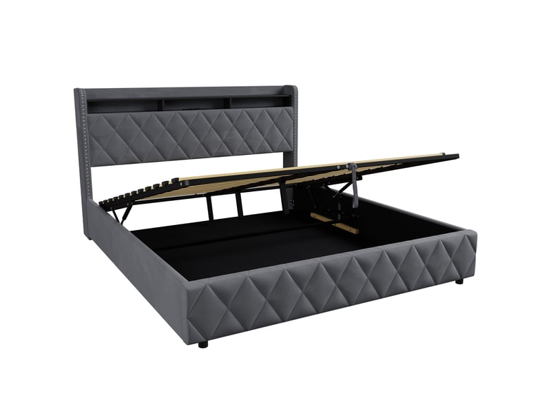 Lit 180 × 200 cm en velours, lit 2 places pour avec coffre de rangement hydraulique, led, couleur gris, sans matelas - Conforama R