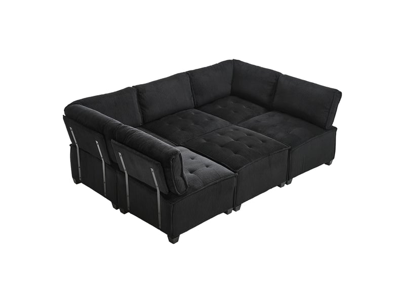Canapé modulable 6 places noir en velours côtelé, convertible en ul, rangements - Conforama D