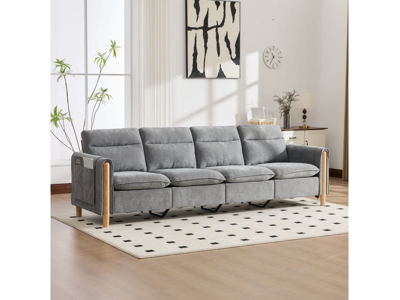  Canapé modulable 4 places en tissu gris clair avec 2 poufs de rangement, pour un salon familial bien organisé  - Conforama B