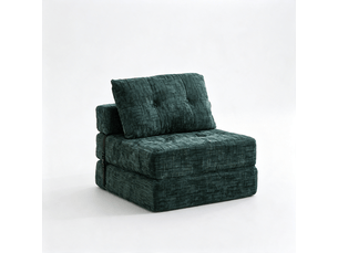 Chauffeuse convertible 1 place en chenille vert avec coussins, couchage 180 x 79 cm
