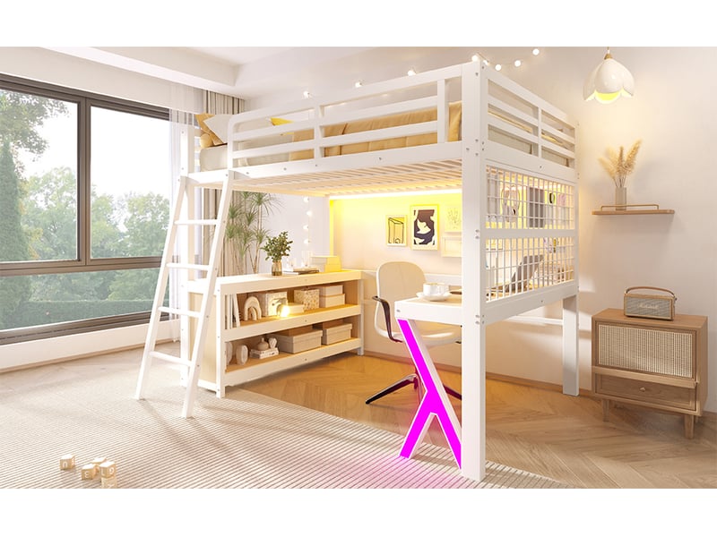  Lit mezzanine 140 × 200 cm, bureau intégré, rangements, panneau grillagé et éclairage led, en métal et mdf, blanc  - Conforama B