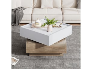 Table basse pivotante à 360 degrés, table de salon carrée avec rangement, 60x60x38 cm, panneaux de particules, blanc et noyer