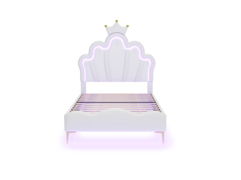  Lit simple 200×90 cm avec tête de lit couronnée et éclairage led réglable, en similicuir pu blanc  - Conforama E