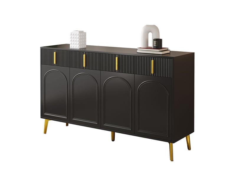 Buffet 140x38x82 cm avec 4 portes à forme incurvée et 4 tiroirs en mdf couleur noir, pieds de couleur dorée, design moderne - Conforama A