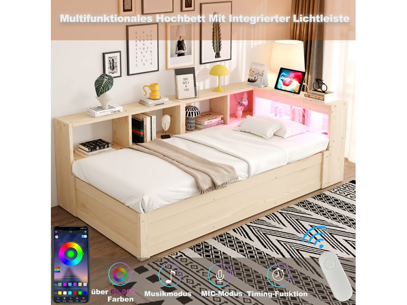 Lit banquette 90x200 cm – bois naturel – rangement hydraulique, led et prise intégrée – sans matelas - Conforama E