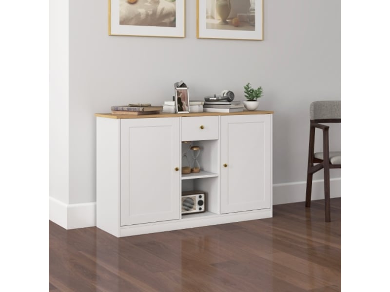  Buffet bas blanc avec tiroir et 2 portes – 2 étagères ouvertes, meuble saloncuisine 120x35x75,2 cm  - Conforama B
