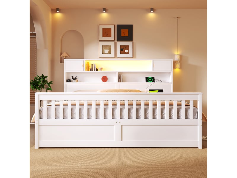  Lit avec rangement 180x200 cm blanc avec rangements, led, usb et 4 tiroirs  - Conforama E