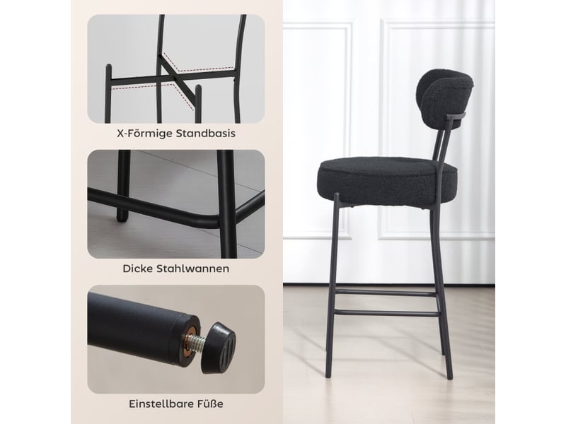  Tabourets de bar lot de 2 avec repose-pieds - lpospi - cadre métal, polyester noir 59,0×38,0×64,0 cm  - Conforama C