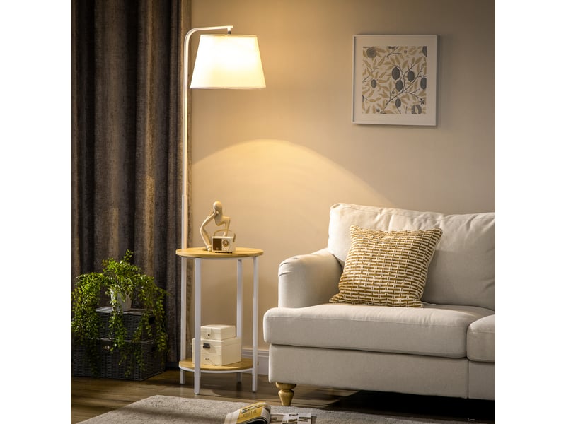  Lampadaire moderne avec table d'appoint, abat-jour en lin, interrupteur au pied, pour salon et chambre, 43 x 39,5 x 162 cm, blanc  - Conforama C