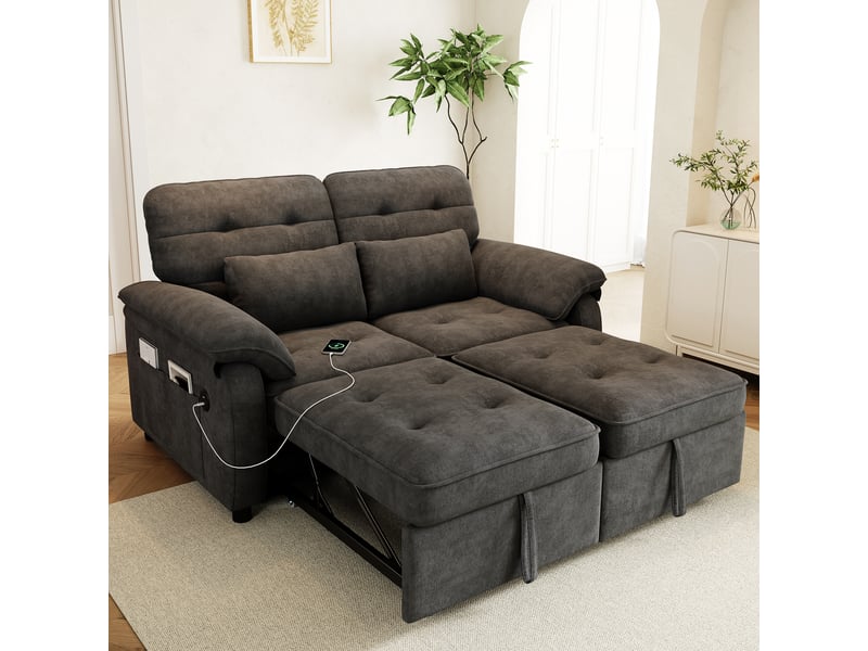 Canapé convertible 2 places 3 en 1 avec dossier réglable, ports usb et usb type c, 2 coussins, en chenille gris - Conforama B