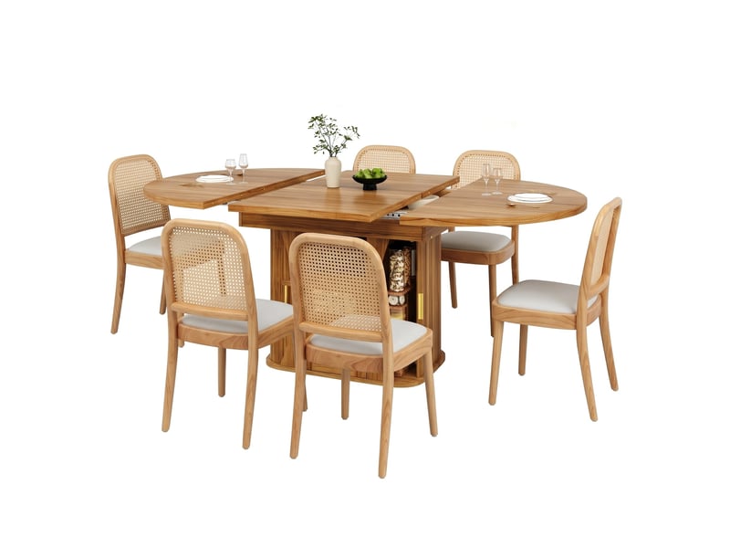 Ensemble table à manger extensible 118-158 cm + 6 chaises en bois massif, dossier rotin, mdf aspect bois, tiroirs en rotin, assise lin - Conforama A