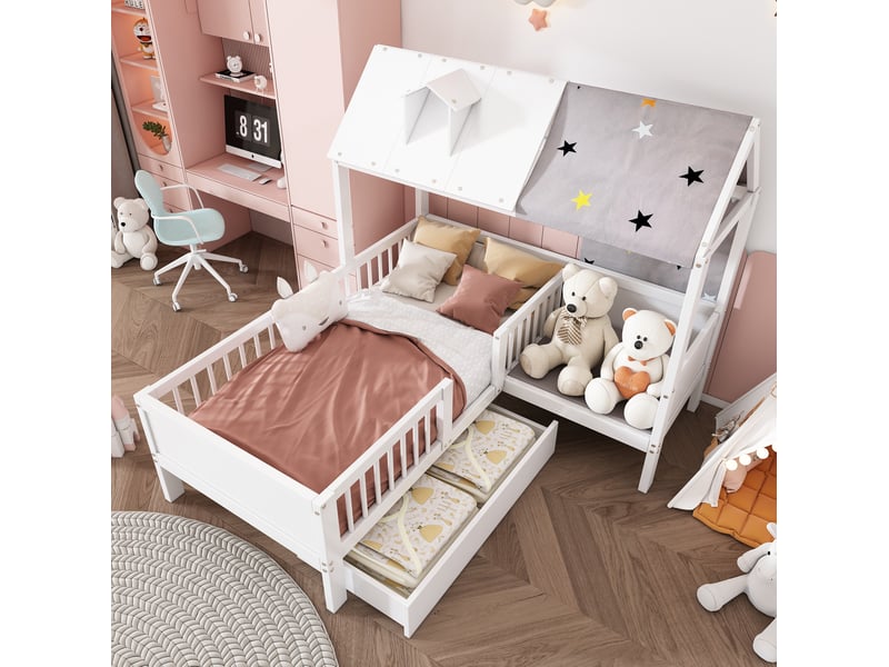  Modenvie lit cabane enfant 90x200 cm - avec tiroirs de rangement, sommier inclus, sans matelas - blanc  - Conforama E