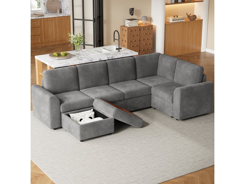 Canapé d'angle en forme de l 282x153x85 cm avec accoudoirs et un tabouret multifonctionnel et rangementmobile velours côtelé gris BUYDEEMEUS - Conforama E