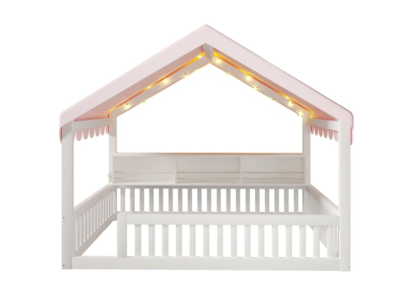  Lit enfant cabane 140x200 cm avec baldaquin led et bibliothèque blanc, sans sommier à lattes ni matelas  - Conforama R