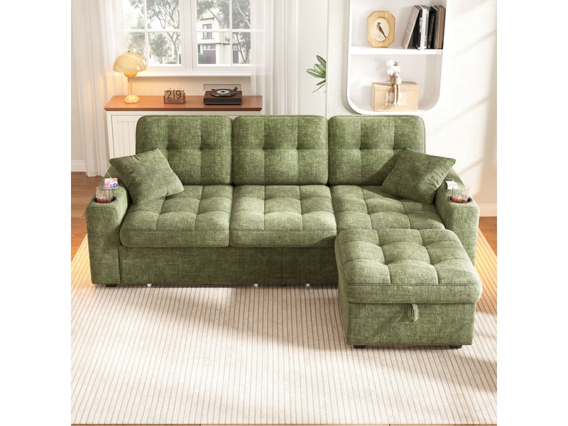  Canapé d'angle fixe 3 places en chenille verte 194,5 x 133 x 83 cm, led, usb-c, rangements, salon séjour 194.5x133x83cm - Conforama W