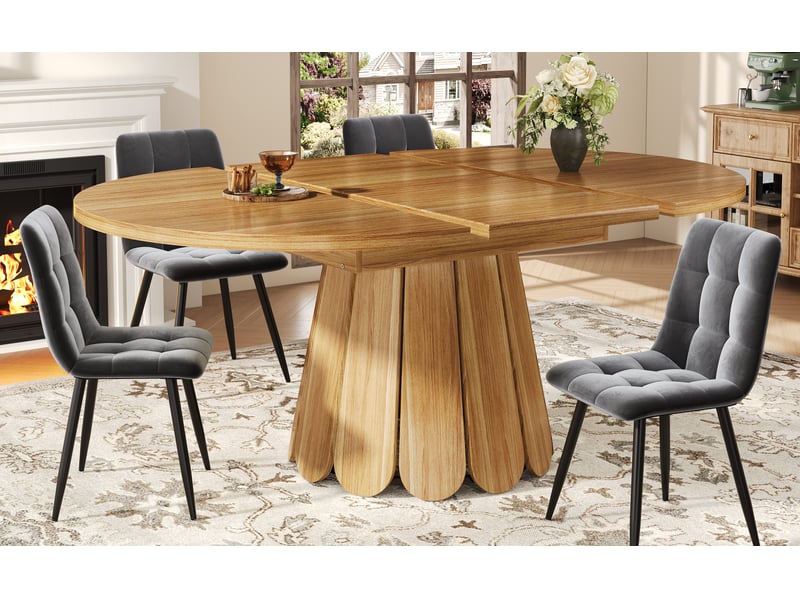  Table à manger ronde extensible ø 118-158 cm, h 76 cm, plateau mdf, structure métal, aspect veinage bois, marron  - Conforama B