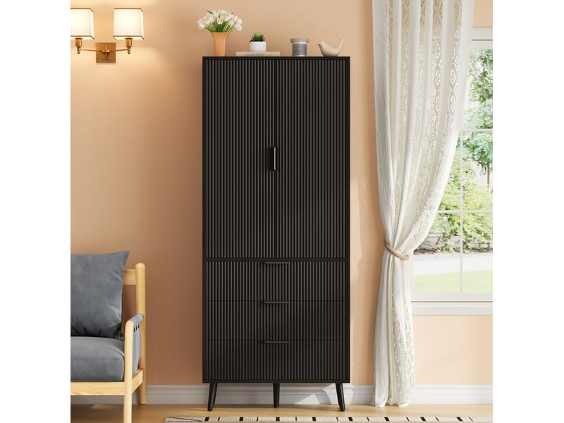  Armoire de cuisine haute 75x35x180 cm, 2 portes et 3 tiroirs, noir  - Conforama E