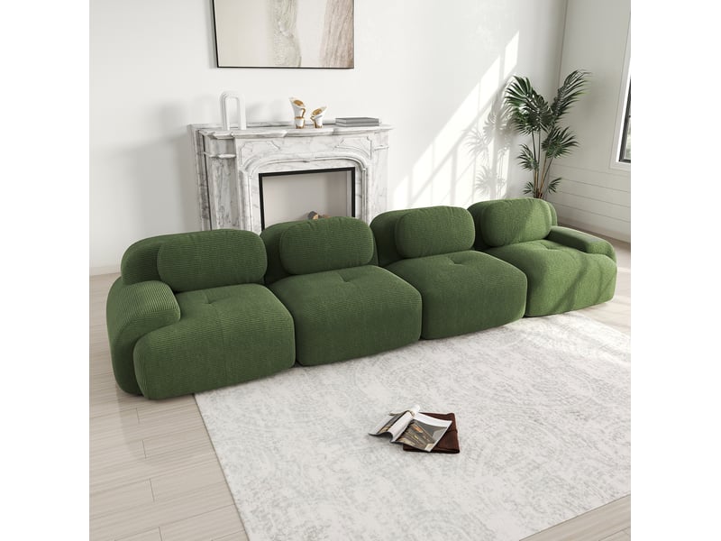  Canapé modulaire 4 places sans cadre avec mousse haute densité et accoudoirs arrondis, en tissu côtelé vert  - Conforama B