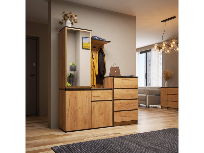  Ensemble de meubles d'entrée entro chêne craft avec armoire et miroir 95 cm 3 portes 1 tiroir 7 étagères 95x35x183 cm Ensemble d'entrée ENTRO - Conforama E