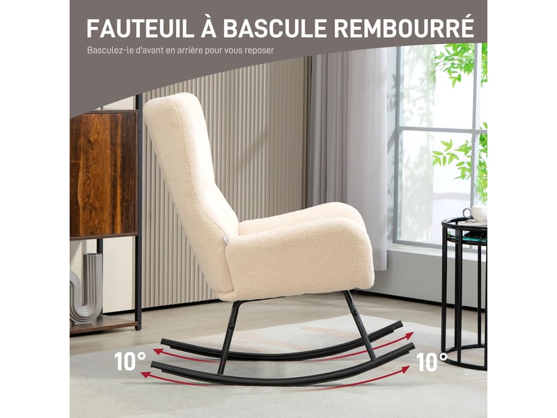 Fauteuil à bascule en tissu peluche et acier beige et noir 66 x 100 x 93 cm  - Conforama D