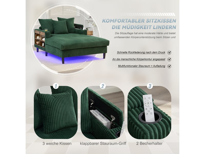  Canapé convertible en velours côtelé émeraude avec led et coffre, 129x170 cm, 1 place  - Conforama W