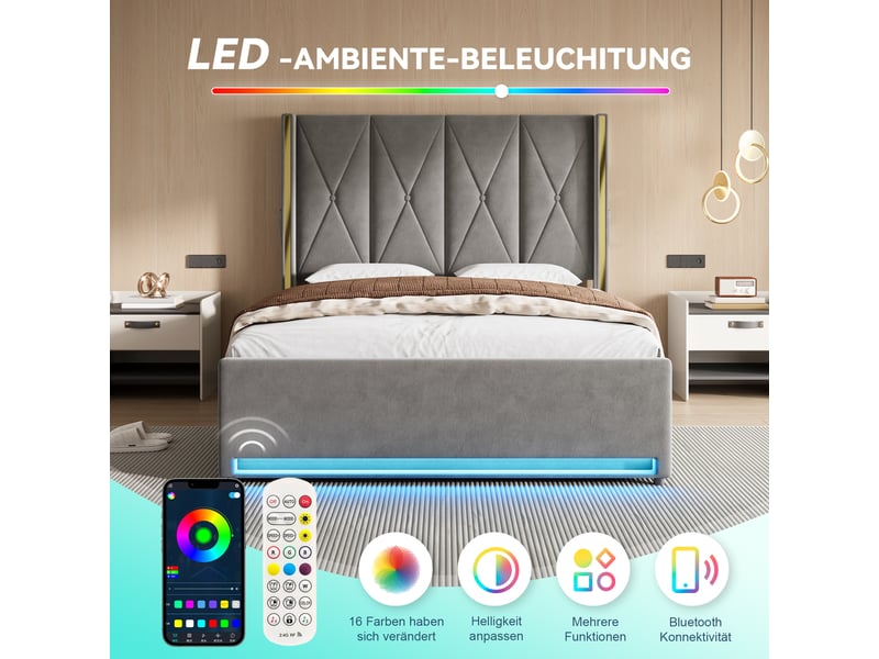  Lit coffre double 160×200 cm avec led réglable, usb et type-c - okmyhome- velours gris foncé, sans matelas  - Conforama E