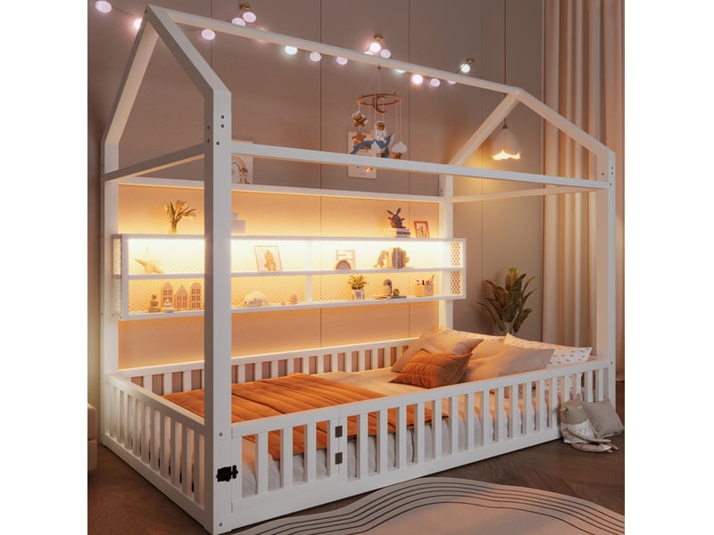  Lit cabane enfant 90x200 cm blanc en métal, barrière de sécurité, éclairage led 7 couleurs pour chambre  - Conforama B