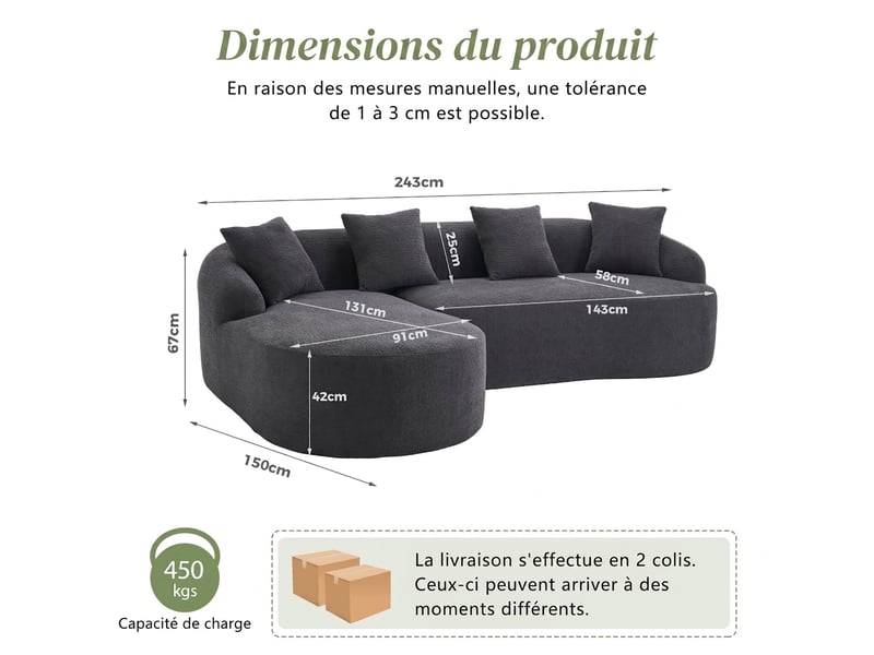  Canapé d'angle gauche en chenille courbé 3 places 243 x 150 cm sans montage gris foncé  - Conforama C