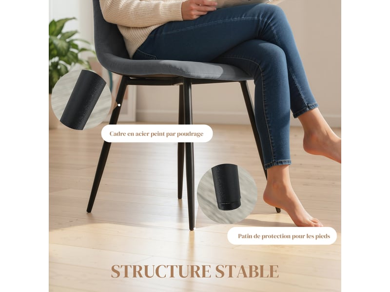 Lot de 4 chaises de salle à manger rembourrées avec dossier haut, pieds en acier et tissu effet velours, gris - Conforama E