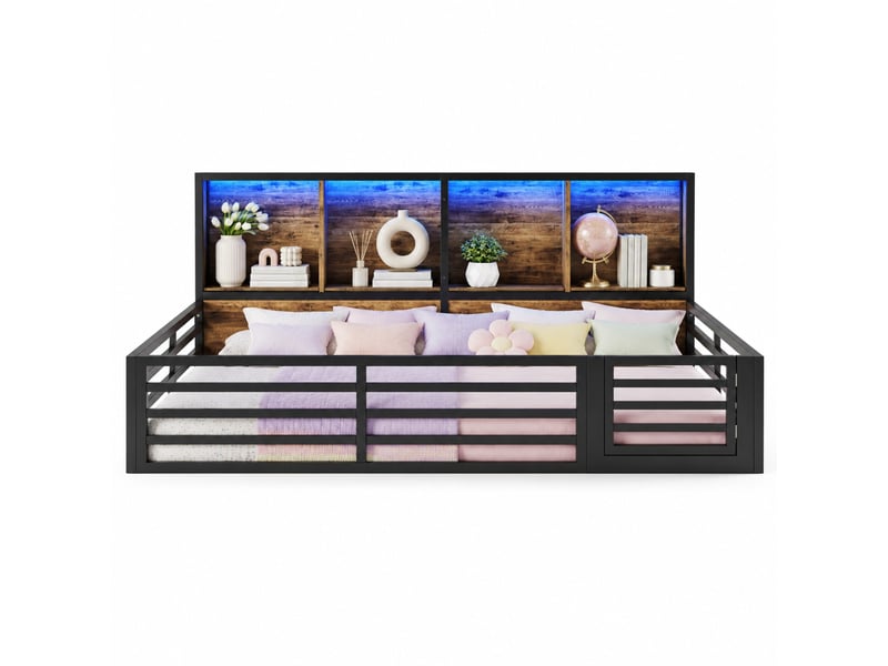  Lit banquette enfant 200×140 cm avec rangements latéraux, barrière ouvrante et éclairage led, sans matelas, noir  - Conforama A