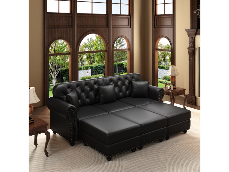  Canapé chesterfield 3 places + 3 poufs en simili cuir noir, 210 cm Fay Lum - Conforama B