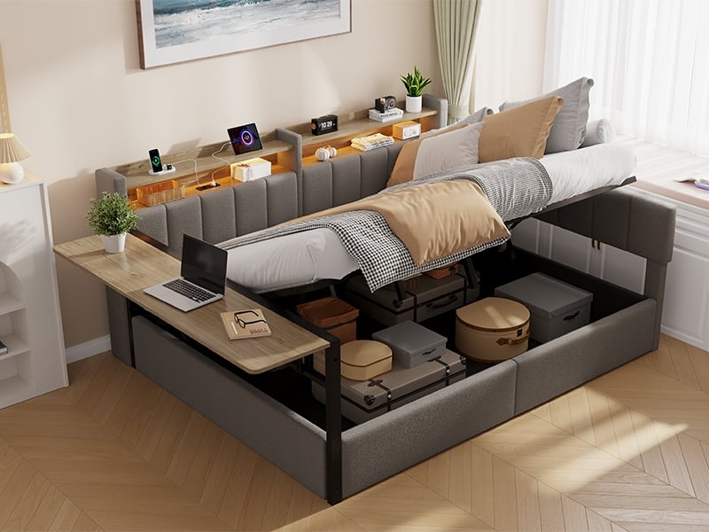Lit enfant 140x200cm , coffre hydraulique, led, tablette rabattable, tables de chevet, port usb, sans matelas,velours gris - Conforama D