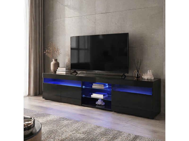  Meuble tv moderne 180 cm noir avec led multicolore, portes brillantes et verre  - Conforama B